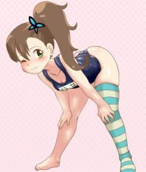 Rule 34 | 1girl, barefoot, bent over, brown hair, butterfly hair ornament, child, chousoku henkei gyrozetter, feet, green eyes, hair ornament, hands on own knees, inaba rinne, long hair, one-piece swimsuit, one eye closed, school swimsuit, side ponytail, single thighhigh, solo, striped clothes, striped thighhighs, swimsuit, thighhighs, tof, wink