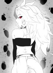 Rule 34 | 1girl, android 21, back, bare shoulders, dragon ball, dragon ball fighterz, dragonball z, ears, highres, jewelry, long hair, looking at viewer, looking back, majin android 21, necklace, pointy ears, red eyes, rock, tail, zequung, zquung