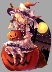 Rule 34 | 1girl, amahira, apron, bad id, bad pixiv id, black dress, black gloves, blonde hair, bow, braid, broom, candy, dress, fang, fingerless gloves, food, full moon, gloves, graveyard, halloween, hat, hat bow, highres, jack-o&#039;-lantern, kirisame marisa, konpeitou, mary janes, moon, night, one eye closed, open mouth, puffy short sleeves, puffy sleeves, pumpkin, shirt, shoes, short sleeves, single braid, sky, smile, solo, star (sky), starry sky, touhou, waist apron, witch hat, yellow eyes