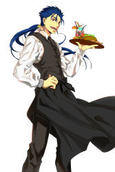 Rule 34 | 1boy, bad id, bad pixiv id, black necktie, blue hair, collared shirt, cu chulainn (fate), cu chulainn (fate/stay night), earrings, fate/hollow ataraxia, fate (series), food, jewelry, long hair, long sleeves, looking at viewer, male focus, mocchi 0119, necktie, official alternate costume, open mouth, parfait, ponytail, sandwich, shirt, simple background, smile, solo, standing, vest, waistcoat, waiter, white background, white shirt