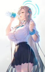 Rule 34 | 1girl, absurdres, aqua bow, aqua bowtie, asuna (blue archive), black choker, black skirt, blue archive, blue scrunchie, blush, bottle, bow, bowtie, breasts, choker, collared shirt, gradient background, grey background, halo, highres, holding, holding bottle, large breasts, long sleeves, open mouth, pleated skirt, scrunchie, shirt, shirt tucked in, skirt, solo, tel-o, thighs, water bottle, white shirt, wrist scrunchie