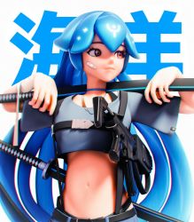 Rule 34 | 1girl, 3d, alternate costume, bandaid, bandaid on face, bao (vtuber), blue hair, breasts, brown hair, cropped shirt, grey shirt, gun, highres, holding, holding sword, holding weapon, holstered, indie virtual youtuber, katana, long hair, medium breasts, midriff, navel, pwr aftr, shirt, smile, solo, submachine gun, suspenders, sword, valorant, very long hair, virtual youtuber, weapon, white background