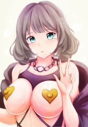 Rule 34 | 10s, 1girl, absurdres, aqua eyes, bad id, bad pixiv id, bare shoulders, breastless clothes, breasts, breasts out, brown hair, covered erect nipples, female focus, green eyes, heart pasties, highres, idolmaster, idolmaster cinderella girls, jewelry, large breasts, looking at viewer, md5 mismatch, mole, mole under eye, necklace, pasties, revision, short hair, solo, takagaki kaede, upper body, v, yeyebirdie