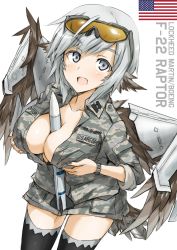 Rule 34 | 1girl, american flag, bad id, bad pixiv id, between breasts, breasts, camouflage, dakku (ogitsune), digital camouflage, f-22, fangs, grey eyes, highres, military, military uniform, missile, original, personification, short hair, silver hair, solo, sunglasses, thighhighs, uniform, watch, wings