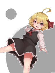 Rule 34 | 1girl, ahoge, black dress, blonde hair, dated, dress, hair ribbon, haryu moe, highres, outline, outstretched arms, red eyes, red ribbon, ribbon, rumia, short hair, simple background, smile, spread arms, standing, touhou, white background, white outline
