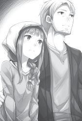 Rule 34 | 1boy, 1girl, ayakura juu, beard, braid, collarbone, couple, craft lawrence, facial hair, greyscale, hair over shoulder, hand on another&#039;s waist, holo, monochrome, novel illustration, official art, shirt, sidelocks, single braid, spice and wolf, upper body, white background
