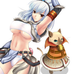 Rule 34 | 1girl, aqua eyes, arm up, armor, armpits, arms up, bandeau, bell, belt, bikini armor, blue hair, breasts, cameltoe, capcom, cat, cleavage, coat, covered erect nipples, crop top, dutch angle, elbow gloves, fur trim, gloves, hairband, horns, jingle bell, kirin (armor), kizuki aruchu, large breasts, loincloth, looking at viewer, midriff, monster hunter (series), navel, nekoht, orange eyes, panties, pouch, print panties, red eyes, shadow, shirt, simple background, single horn, smile, standing, strapless, taut clothes, taut shirt, thighhighs, tube top, underboob, underwear, white hair, white panties, white thighhighs, zettai ryouiki