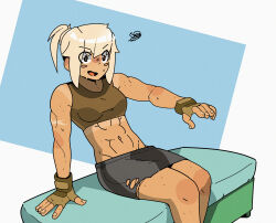 1girl abs absurdres biceps breasts brown_eyes brown_gloves confused crop_top exercising fingerless_gloves funkiflame gloves highres looking_at_viewer medium_breasts mole multiple_moles muscular muscular_female navel nika_(usergore) original pants ponytail scar scar_on_arm solo sports_bra sweat sweatdrop tan tank_top tanline thick_thighs thighs tomboy toned toned_female torn_clothes torn_pants white_hair