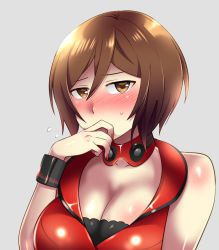Rule 34 | 1girl, blush, breasts, brown eyes, brown hair, caffein, cleavage, collar, grey background, meiko (vocaloid), meiko (vocaloid3), nail polish, red nails, short hair, simple background, solo, vocaloid
