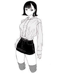 Rule 34 | 1girl, bad id, bad pixiv id, belt, black hair, black skirt, breasts, closed mouth, dende (dndn222), earrings, greyscale, hair behind ear, highres, jewelry, large breasts, long sleeves, looking at viewer, monochrome, original, scan, scan artifacts, shirt, short hair, skirt, sleeves past wrists, solo, standing, sweater, thighhighs, traditional media