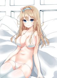 Rule 34 | 1girl, bare arms, bare shoulders, bikini, blonde hair, blue eyes, blush, breasts, rabbit hair ornament, cleavage, closed mouth, collarbone, girls&#039; frontline, groin, hair ornament, hairband, highres, large breasts, long hair, looking at viewer, navel, sitting, snowflake hair ornament, solo, stomach, suomi (girls&#039; frontline), swimsuit, thighhighs, white bikini, white thighhighs, yaya (yayaa 00)