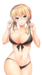 Rule 34 | 10s, 1girl, anchor hair ornament, bikini, black bikini, blonde hair, blue eyes, blush, breasts, collarbone, covered erect nipples, cowboy shot, hair between eyes, hair ornament, highres, kantai collection, large breasts, long hair, looking at viewer, navel, ntk (7t5), parted lips, prinz eugen (kancolle), simple background, skindentation, solo, strap pull, swimsuit, thighs, twintails, twisted torso, upper body, white background