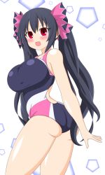 Rule 34 | 1girl, absurdres, alternate costume, ass, bare shoulders, black hair, blush, bow, breasts, competition swimsuit, hair bow, highres, large breasts, long hair, looking at viewer, neptune (series), noire (neptunia), one-piece swimsuit, open mouth, red eyes, shiny clothes, shiny skin, smile, solo, swimsuit, twintails, very long hair, ym11