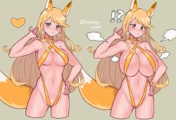 Rule 34 | !?, 1girl, animal ears, beige background, blonde hair, breast expansion, breasts, cleavage, closed mouth, earrings, fox ears, fox girl, fox tail, hair between eyes, heart, highres, jewelry, long hair, looking at viewer, monokini, mythra (xenoblade), navel, simple background, slingshot swimsuit, solo, subway sum, swimsuit, tail, xenoblade chronicles (series), xenoblade chronicles 2, yellow eyes