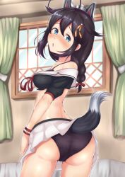 Rule 34 | 1girl, ahoge, animal ears, ass, azur lane, bad id, bad pixiv id, black bra, black hair, black panties, blue eyes, bra, braid, chestnut mouth, cosplay, cowboy shot, crossover, curtains, from behind, hair flaps, hair over shoulder, historical name connection, kantai collection, long hair, looking at viewer, looking back, midriff, name connection, panties, pleated skirt, remodel (kantai collection), ronguuta, shigure (azur lane), shigure (azur lane) (cosplay), shigure (kancolle), single braid, skirt, solo, standing, tail, underwear, ushiotoko&amp;hiroshi, white skirt, window, wolf ears, wolf tail