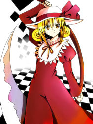 Rule 34 | 1girl, bad id, bad pixiv id, blonde hair, checkered floor, dress, elly (touhou), hat, hat ribbon, ribbon, scythe, smile, stardust8090, touhou, touhou (pc-98), yellow eyes
