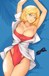 Rule 34 | 1girl, armpits, arms up, bare arms, bare hips, bed sheet, black-framed eyewear, blonde hair, blue eyes, breasts, casual one-piece swimsuit, cleavage, collarbone, commentary request, covered navel, unworn eyewear, from above, groin, gundam, large breasts, looking at viewer, lying, mobile suit gundam, off shoulder, on back, on bed, one-piece swimsuit, open clothes, parted lips, red one-piece swimsuit, sayla mass, short sleeves, smile, solo, strapless, strapless one-piece swimsuit, sunglasses, swimsuit, swimsuit under clothes, tsuki suigetsu