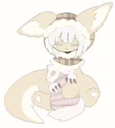 Rule 34 | 1girl, 1other, closed eyes, creature, furry, made in abyss, mitty (made in abyss), nanachi (made in abyss), no humans, sitting, smile, tatososu, white background, white hair, yellow fur