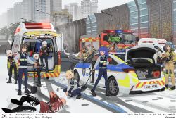 Rule 34 | 1boy, 6+girls, absurdres, ambulance, bald, black footwear, black pants, black shirt, blonde hair, blue hair, blue pants, brown hair, car, car trunk, city, cityscape, clone, commentary request, cuffs, dongdong (0206qwerty), fire extinguisher, fire truck, firefighter, firefighter jacket, footprints, gas mask, girls&#039; frontline, grey hair, handcuffs, helmet, highres, holding, holding hose, holding shovel, hose, jacket, k11 (girls&#039; frontline), k2 (girls&#039; frontline), k3 (girls&#039; frontline), k5 (girls&#039; frontline), lamppost, license plate, long hair, long sleeves, mask, motor vehicle, multiple girls, outdoors, pants, paramedic, patch, police, police car, police uniform, policewoman, scenery, seoul, shirt, shoes, shovel, snow, south korea, south korean flag, squatting, tree, truck, uniform, usas-12 (girls&#039; frontline), vest, white hair, white shirt, winter, wreckage