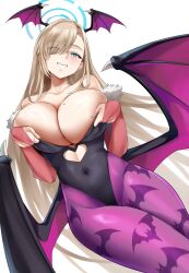 Rule 34 | 1girl, absurdres, animal print, asuna (blue archive), bare shoulders, bat print, black leotard, blonde hair, blue archive, blue eyes, blue halo, blush, breasts, cleavage, clothing cutout, collarbone, cosplay, covered navel, demon girl, demon wings, grin, hair over one eye, halo, head wings, heart cutout, highres, large breasts, leotard, long hair, looking at viewer, mole, mole on breast, morrigan aensland, morrigan aensland (cosplay), pantyhose, print pantyhose, simple background, smile, solo, thighs, vampire (game), very long hair, white background, wings, xkit