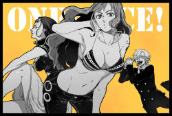 Rule 34 | 1boy, 2girls, bikini, bikini top only, breasts, cleavage, color background, copyright name, formal, glasses, hair over one eye, heart, hip focus, large breasts, legs, long hair, looking at viewer, monochrome, multiple girls, nami (one piece), navel, necktie, nico robin, o3o, one piece, open mouth, orange background, pants, sanji (one piece), short hair, sideboob, sitting, skirt, smile, standing, suit, sunglasses, swimsuit, tattoo, tongue, xla009
