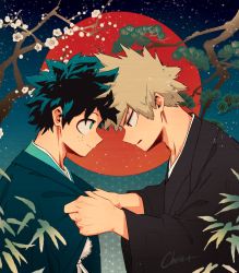 Rule 34 | 2boys, artist name, bakugou katsuki, blonde hair, boku no hero academia, cherry blossoms, chrispplus, dressing another, freckles, green eyes, green hair, head down, heads together, highres, japanese clothes, leaf, looking at another, looking at object, male focus, midoriya izuku, multiple boys, patterned background, pine tree, red eyes, spiked hair, tree