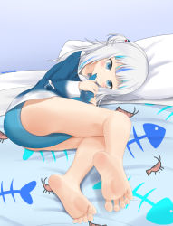 Rule 34 | 1girl, ass, bare legs, barefoot, bed sheet, biting, biting own tail, blue background, blue eyes, blue hair, blue hoodie, blunt bangs, blush, commentary request, convenient censoring, feet, fins, fish tail, foot focus, foreshortening, gawr gura, grey hair, highres, holding, hololive, hololive english, hood, hoodie, legs, long hair, long sleeves, lying, multicolored hair, nail polish, on side, oversized clothes, pillow, shark girl, shark tail, sidelocks, soles, solo, streaked hair, tail, tail biting, tail censor, tail in mouth, tamagotozi3420, thighs, toenail polish, toenails, toes, two side up, virtual youtuber