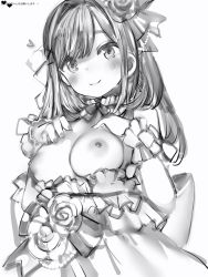 Rule 34 | 1girl, bad id, bad pixiv id, blush, bow, breasts, breasts out, closed mouth, dress, fingernails, flower, greyscale, hair flower, hair ornament, hairclip, heart, highres, large breasts, long hair, looking at viewer, monochrome, nail polish, nanashi (nlo), neck garter, nijisanji, nipples, rose, simple background, smile, solo, suzuhara lulu, virtual youtuber, white background, wristband, x hair ornament
