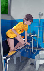 Rule 34 | 1girl, :d, arm support, bathtub, black shorts, brown hair, commentary request, day, highres, hiwatari rin, holding, indoors, looking at viewer, open mouth, original, print shirt, reflection, shirt, short shorts, short sleeves, shorts, smile, solo, tile wall, tiles, window, yellow eyes, yellow shirt