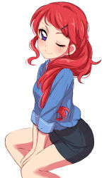 1girl absurdres aikatsu! aikatsu!_(series) between_legs black_shorts blue_shirt blush closed_mouth commentary feet_out_of_frame hair_over_shoulder hand_between_legs highres kurebayashi_juri long_hair looking_at_viewer one_eye_closed purple_eyes red_hair sekina shirt short_shorts shorts sitting sketch smile solo swept_bangs