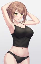 Rule 34 | 1girl, absurdres, arms up, black camisole, black panties, breasts, brown hair, camisole, cowboy shot, flipped hair, green eyes, highres, kantai collection, large breasts, looking at viewer, monoku, mutsu (kancolle), navel, panties, short hair, solo, standing, underwear, underwear only