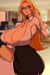 Rule 34 | 1girl, absurdres, alecto 0, between breasts, black skirt, bleach, blonde hair, blue eyes, breasts, business, choker, cleavage, curvy, earrings, glasses, highres, huge breasts, indoors, jewelry, long hair, looking at viewer, matsumoto rangiku, mole, mole under mouth, necklace, office, office lady, open clothes, open shirt, shirt, skirt, thick lips, thick thighs, thighs, tight, white shirt, wide hips