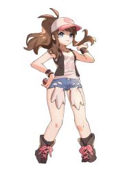 Rule 34 | 1girl, ankea (a-ramo-do), bare shoulders, baseball cap, black footwear, black socks, black vest, blue eyes, blue shorts, boots, breasts, brown hair, closed mouth, collarbone, creatures (company), female focus, game freak, hand on own hip, hand up, happy, hat, hilda (pokemon), holding, holding poke ball, long hair, looking at viewer, nintendo, pink hat, poke ball, poke ball (basic), poke ball symbol, poke ball theme, pokemon, pokemon bw, ponytail, shirt, short shorts, shorts, simple background, sleeveless, sleeveless shirt, small breasts, smile, socks, solo, standing, vest, white background, white shirt, wristband
