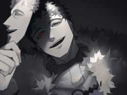 Rule 34 | 1boy, absurdres, black clover, black hair, cape, evil smile, facial mark, forehead mark, frit 2, fur cape, grey background, highres, holding, holding mask, julius novachrono, looking at viewer, lucius zogratis, mask, unworn mask, open mouth, pale skin, robe, short hair, simple background, smile, solo, white fur
