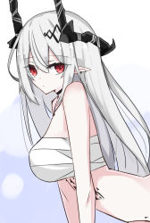 Rule 34 | 1girl, absurdres, arknights, bare shoulders, black choker, breasts, choker, closed mouth, earrings, from side, gradient background, grey background, highres, horns, jewelry, large breasts, long hair, looking at viewer, looking to the side, material growth, mudrock (arknights), necklace, oripathy lesion (arknights), pointy ears, red eyes, sarashi, silver hair, solo, touko (toko12 tooko), upper body, very long hair, white background