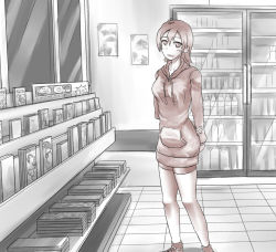 Rule 34 | 1girl, ahoge, arm behind back, bike shorts, blush, book, bottle, breasts, collarbone, female focus, halcyon (halcyon90), hood, hoodie, indoors, long sleeves, looking at viewer, medium breasts, monochrome, open mouth, original, refrigerator, shoes, short hair, smile, socks, solo, spot color, standing, sweater, window
