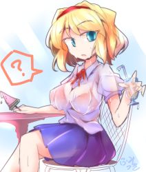 Rule 34 | 1girl, ?, alice margatroid, alternate costume, black bra, blonde hair, blue eyes, bra, chair, clueless, food, fumitsuki (minaduki 6), gradient background, hairband, looking at viewer, popsicle, puffy short sleeves, puffy sleeves, see-through, shirt, short sleeves, sitting, skirt, solo, spoken question mark, table, touhou, underwear, wet, wet clothes, wet shirt
