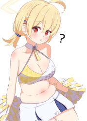 Rule 34 | 1girl, ?, ahoge, blonde hair, blue archive, braid, breasts, character name, cleavage, collarbone, commentary request, corrupted twitter file, criss-cross halter, detached collar, hair between eyes, halo, halterneck, highres, holding, holding pom poms, kotori (blue archive), kotori (cheer squad) (blue archive), large breasts, looking at viewer, low twintails, medium hair, millennium cheerleader outfit (blue archive), navel, official alternate costume, official alternate hairstyle, parted lips, pleated skirt, plump, pom pom (cheerleading), pom poms, red eyes, sidelocks, simple background, single braid, sitting, skirt, sleeveless, solo, stomach, twintails, two-tone skirt, white background, zhyseven