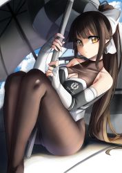 Rule 34 | 1girl, absurdres, azur lane, bad id, bad pixiv id, black hair, black pantyhose, bow, breasts, brown eyes, car, cleavage cutout, clothing cutout, dvdraw, fingerless gloves, gloves, hair flaps, highres, large breasts, logo, long hair, looking at viewer, motor vehicle, multicolored leotard, on vehicle, pantyhose, ponytail, race queen, sitting, solo, takao (azur lane), takao (full throttle charmer) (azur lane), two-tone leotard, umbrella, white bow, white gloves