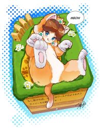 1girl animal_costume blue_eyes bodysuit brown_hair cat_costume cat_daisy cat_paws crown earrings flower flower_earrings gloves grass jewelry mario_(series) nintendo on_grass paw_gloves paw_pose ponfu_y princess_daisy signature smile super_mario_3d_world tongue tongue_out translation_request