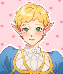 Rule 34 | 1girl, absurdres, alternate hairstyle, artist name, blonde hair, blush, breasts, closed mouth, commentary, english commentary, green eyes, heart, highres, looking at viewer, medium breasts, nintendo, pixie cut, pointy ears, princess zelda, prototype design, signature, simple background, smile, solo, syertse, the legend of zelda, the legend of zelda: tears of the kingdom
