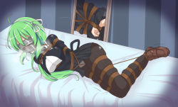 Rule 34 | 1girl, ahoge, arms behind back, assault lily, bdsm, bed, black ribbon, black skirt, blindfold, blush, bondage, bound, bound ankles, bound legs, bound torso, bound wrists, bow hairband, breasts, brown footwear, brown pantyhose, clothes lift, commission, covered eyes, covered mouth, cropped jacket, crotch rope, duct tape, full-length mirror, full body, gag, gagged, green hair, hair between eyes, hair ribbon, hair spread out, hairband, heavy breathing, high-waist skirt, highres, improvised gag, indoors, juliet sleeves, large breasts, legs together, loafers, long hair, long sleeves, lying, miniskirt, mirror, neck ribbon, nose blush, on bed, on side, panties, panties under pantyhose, pantyhose, pixiv commission, puffy sleeves, reflection, restrained, ribbon, saliva, school uniform, shibari, shibari over clothes, shiromaki, shirt, shoes, skindentation, skirt, skirt lift, solo, sweat, tanaka ichi, tape, tape gag, trembling, underwear, white hairband, white panties, white ribbon, white shirt, yurigaoka girls academy school uniform