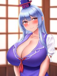 Rule 34 | 1girl, absurdres, blue dress, blue hair, blurry, blurry background, blush, breasts, cleavage, collarbone, dress, hat, highres, huge breasts, indoors, kamishirasawa keine, long hair, looking to the side, mimasi osuwari, puffy short sleeves, puffy sleeves, red eyes, short sleeves, solo, touhou, upper body, window