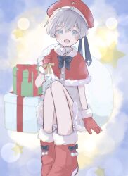 Rule 34 | 1girl, blue eyes, blush, boots, box, capelet, christmas, dress, fur trim, gift, gift box, gloves, grey hair, hat, highres, holding, holding sack, kantai collection, looking at viewer, open mouth, red capelet, red footwear, red gloves, red hat, sack, santa costume, short hair, simple background, sitting, solo, star (symbol), suihell, white dress, z1 leberecht maass (kancolle)
