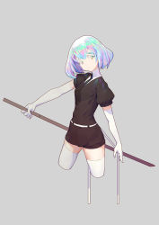 Rule 34 | 1other, belt, black necktie, bokken, closed mouth, elbow gloves, gloves, highres, holding, holding sword, holding weapon, houseki no kuni, medium hair, necktie, other focus, simple background, smile, solo, sunligh mao, sword, thighhighs, weapon, white belt, white gloves, white thighhighs, wooden sword, yellow eyes