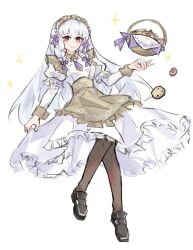 Rule 34 | 1girl, apron, basket, black footwear, braided sidelock, cookie, dress, fire emblem, fire emblem: three houses, fire emblem heroes, food, frilled apron, frilled dress, frills, full body, hair ribbon, highres, long hair, looking at viewer, lysithea von ordelia, lysithea von ordelia (tea party), maid, maid apron, maid headdress, nintendo, official alternate costume, official alternate hairstyle, paiiart, pantyhose, purple eyes, ribbon, smile, solo, white background, white dress, white hair, wrist cuffs