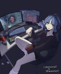 Rule 34 | 1girl, absurdres, bag of chips, black shirt, blue hair, bocchi the rock!, can, cellphone, chips (food), coca-cola, collarbone, commission, computer, cup, food, headset, highres, holding, holding food, keyboard (computer), league of legends, long sleeves, machuuu68, md5 mismatch, monitor, mouse (computer), mug, on chair, open mouth, phone, resolution mismatch, shirt, short hair, shorts, sitting, socks, solo, source smaller, swivel chair, table, tissue, tissue box, twitter username, white socks, yamada ryo, yellow eyes