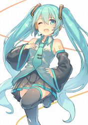 Rule 34 | 00s, 1girl, ;d, aqua eyes, aqua hair, aqua necktie, black footwear, black skirt, blush, boots, breast pocket, closed mouth, collared shirt, detached sleeves, grey shirt, hajime kaname, hand on own hip, hand on own chest, hand up, hatsune miku, headphones, headset, highres, knee up, long hair, looking at viewer, necktie, one eye closed, open mouth, pleated skirt, pocket, shirt, shoulder tattoo, skirt, sleeveless, sleeveless shirt, smile, solo, standing, standing on one leg, tattoo, thigh boots, thighhighs, twintails, very long hair, vocaloid, zettai ryouiki