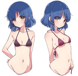 Rule 34 | 1girl, bikini, bikini top only, black bikini, blue hair, blush, bocchi the rock!, breasts, closed mouth, eyes visible through hair, groin, highres, looking at viewer, mel (melty pot), mole, mole under eye, multiple views, navel, red bikini, short hair, simple background, small breasts, solo, swimsuit, white background, yamada ryo