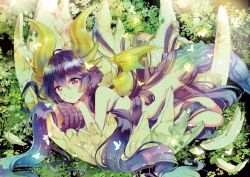 Rule 34 | 1girl, akaishi kuroe, barefoot, black hair, black tail, bug, butterfly, claws, convenient censoring, egg, horns, insect, long hair, looking at viewer, lying, monster girl, naki ringo, nature, on stomach, otome kaijuu carameliser, purple hair, red eyes, shell, sleepwear, solo, tail, very long hair, wings